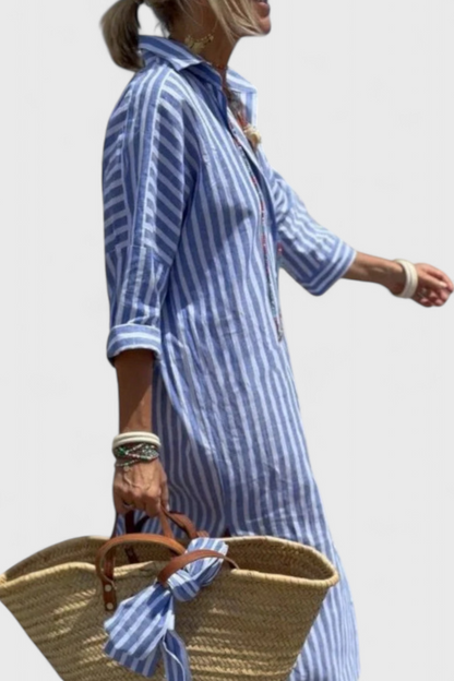 Momount Vestido Camiseiro Midi Mulher – Às Riscas Manga Comprida Casual de Verão para a Praia