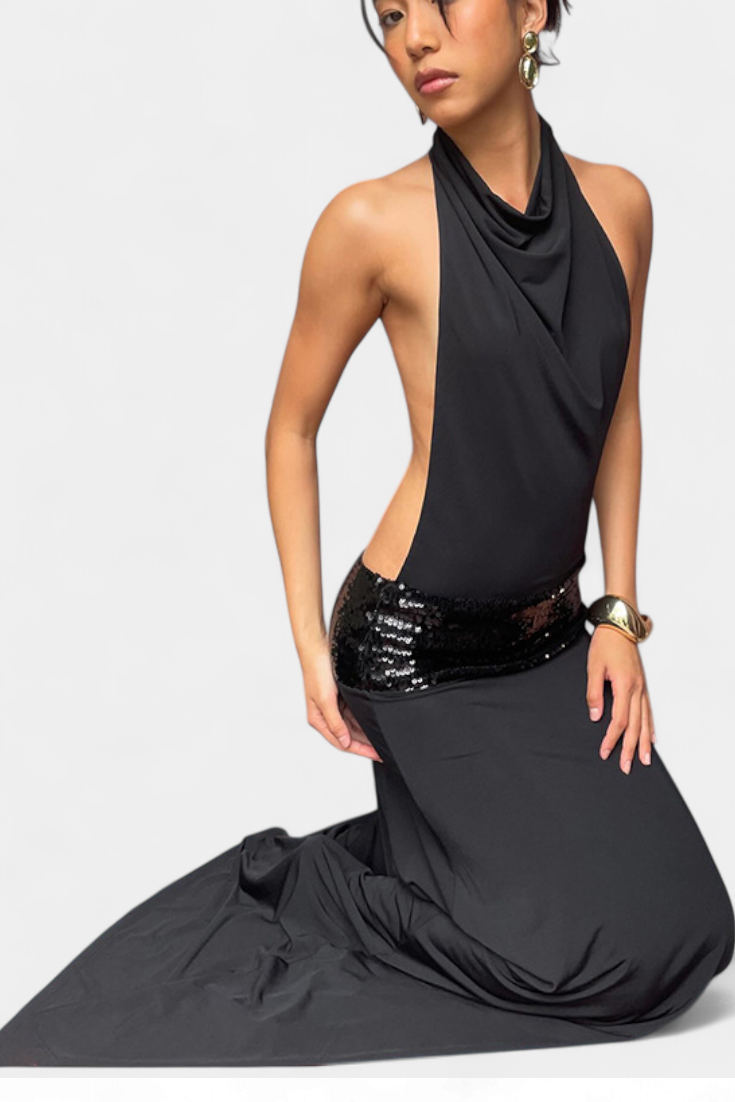 Momount Vestido Maxi de Verão de Mulher – Sem Mangas Decote Halter Drapeado Elegante de Festa