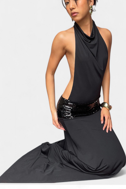 Momount Vestido Maxi de Verão de Mulher – Sem Mangas Decote Halter Drapeado Elegante de Festa