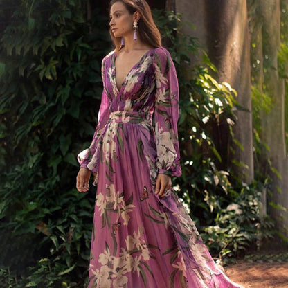 Marciana | Vestido Maxi Cruzado Boho em Chiffon Floral Decote em V de Verão