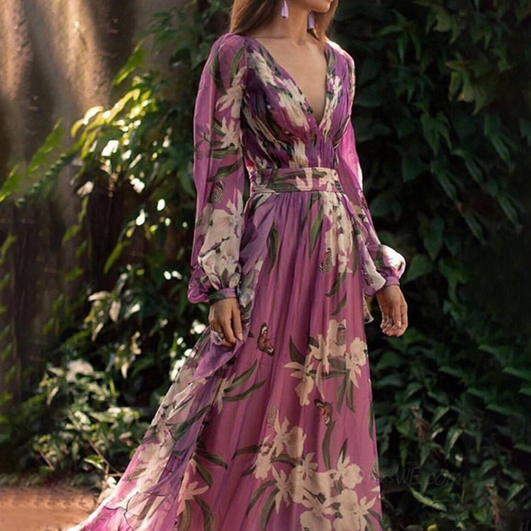 Marciana | Vestido Maxi Cruzado Boho em Chiffon Floral Decote em V de Verão