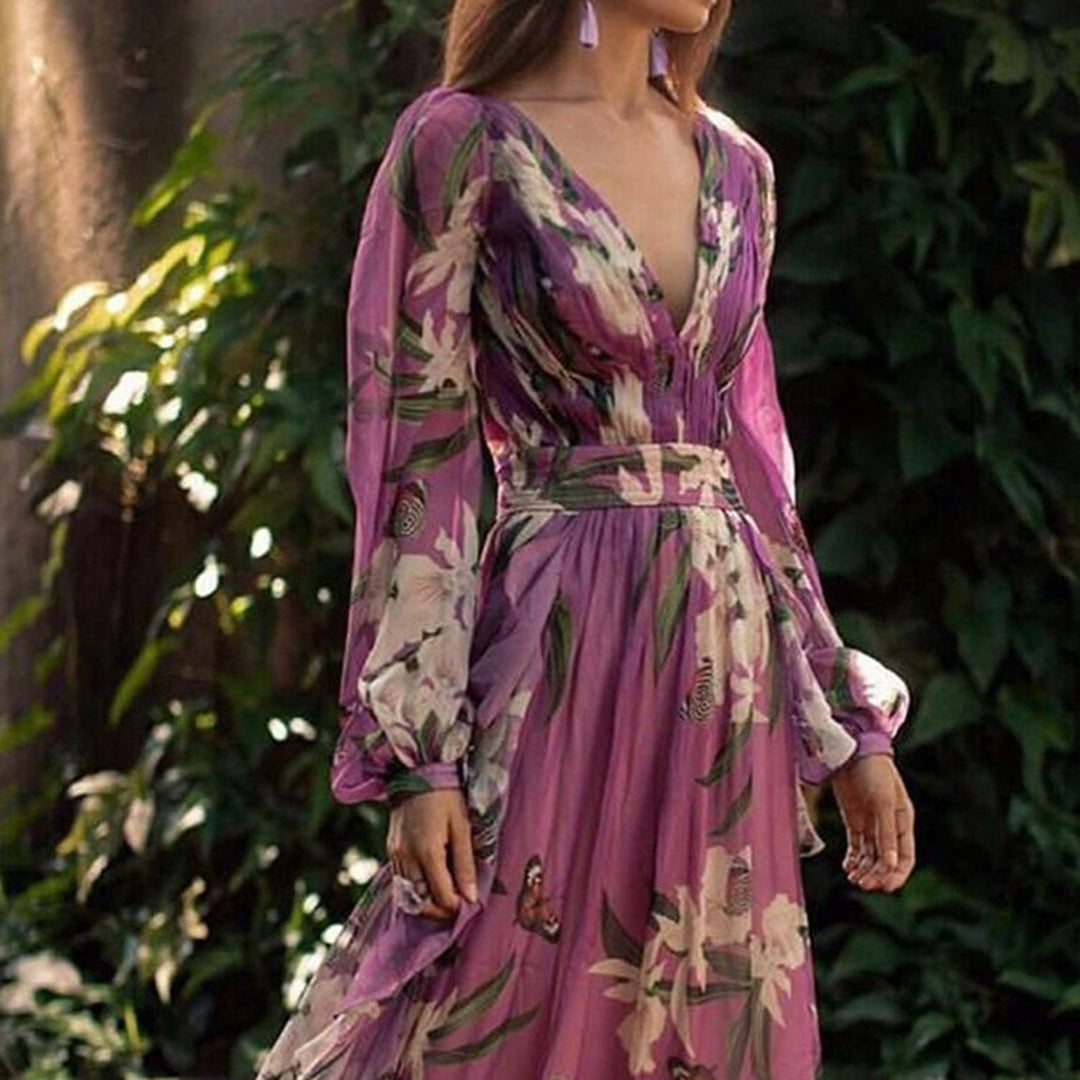 Marciana | Vestido Maxi Cruzado Boho em Chiffon Floral Decote em V de Verão