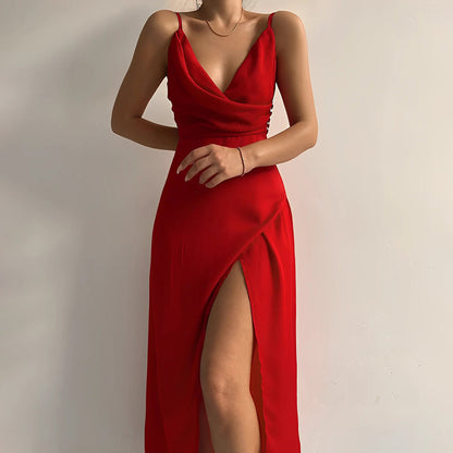 Evangelia | Vestido Maxi Cruzado em Cetim Elegante Decote em V de Verão