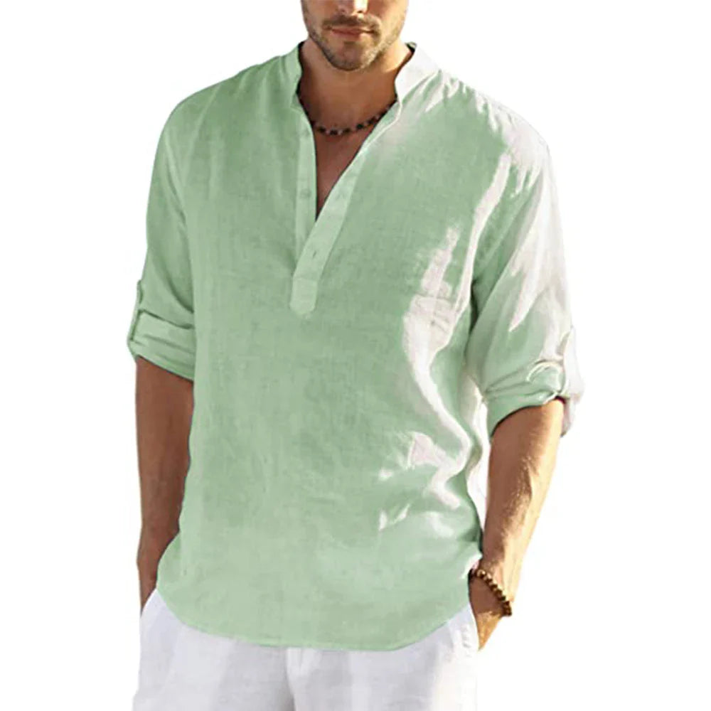 Momount Camisa Henley em Linho de Homem – Manga Comprida com Gola Banda Casual