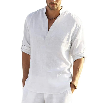 Momount Camisa Henley em Linho de Homem – Manga Comprida com Gola Banda Casual
