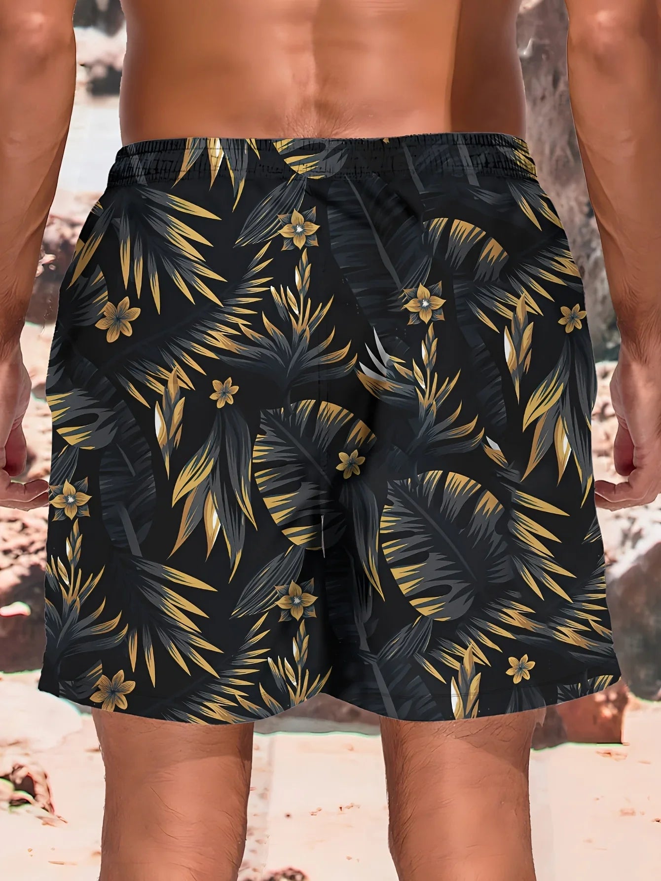 Momount Calções de Banho Homem – Estampado Folha Tropical Cordão Comprimento ao Joelho