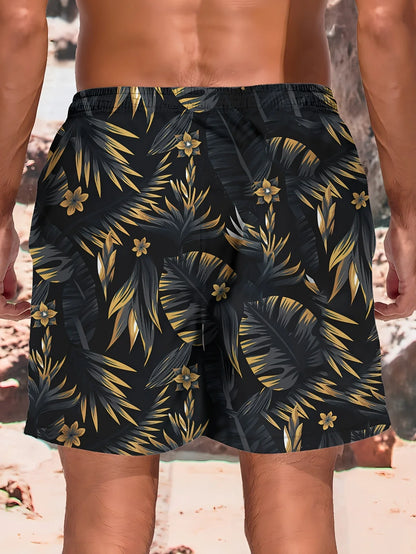 Momount Calções de Banho Homem – Estampado Folha Tropical Cordão Comprimento ao Joelho