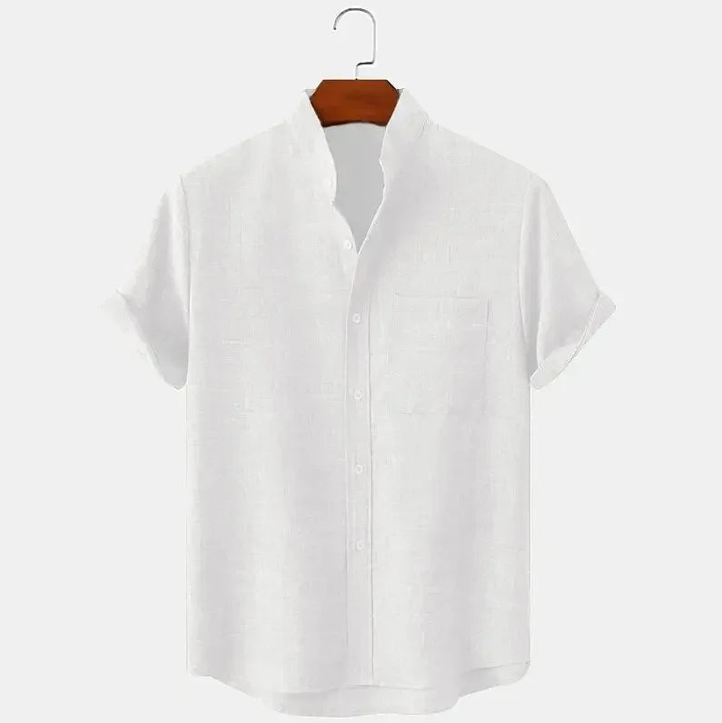 Momount Camisa de Linho de Homem – Manga Curta com Gola Banda e Bolso ao Peito de Verão