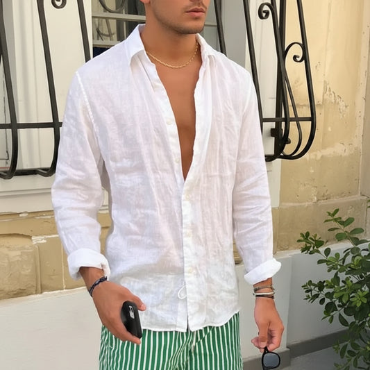 Momount Camisa de Linho Homem – Manga Comprida Corte Descontraído Casual de Verão