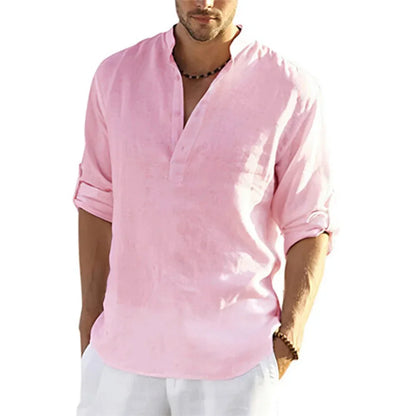 Momount Camisa Henley em Linho de Homem – Manga Comprida com Gola Banda Casual