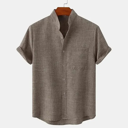 Momount Camisa de Linho de Homem – Manga Curta com Gola Banda e Bolso ao Peito de Verão