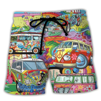Momount Calções de Banho Homem – Estampado Carrinha Hippie Cordão Verão