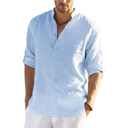 Momount Camisa Henley em Linho de Homem – Manga Comprida com Gola Banda Casual
