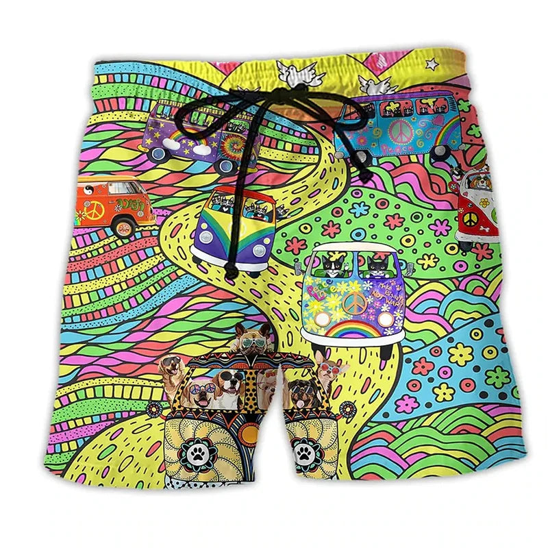 Momount Calções de Banho Homem – Estampado Carrinha Hippie Cordão Verão