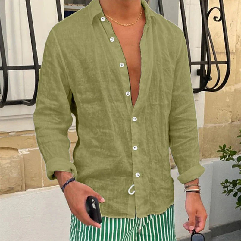 Momount Camisa de Linho Homem – Manga Comprida Corte Descontraído Casual de Verão