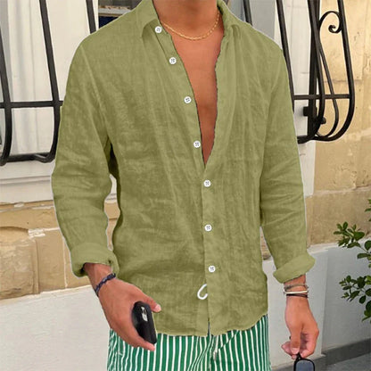 Momount Camisa de Linho Homem – Manga Comprida Corte Descontraído Casual de Verão