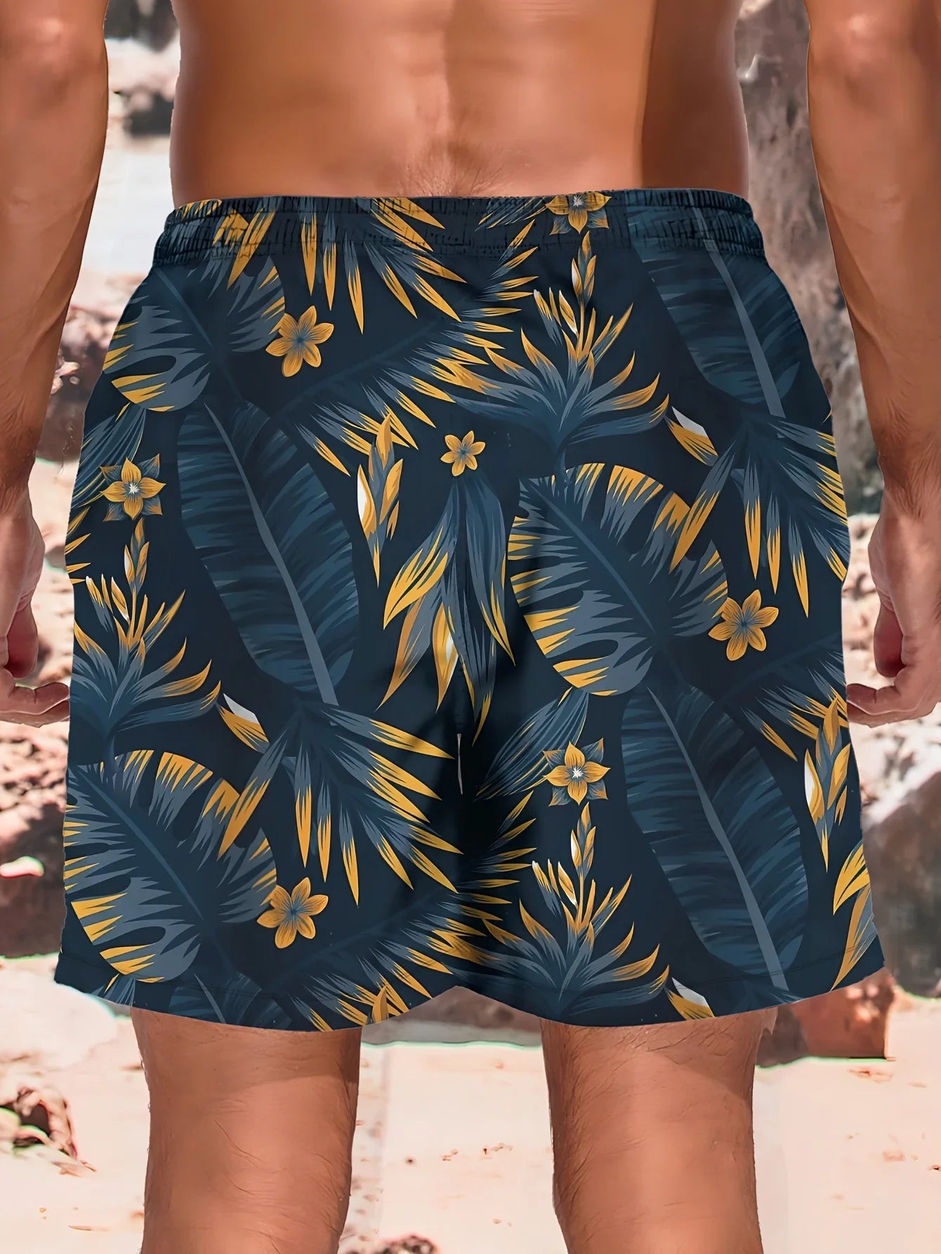 Momount Calções de Banho Homem – Estampado Folha Tropical Cordão Comprimento ao Joelho