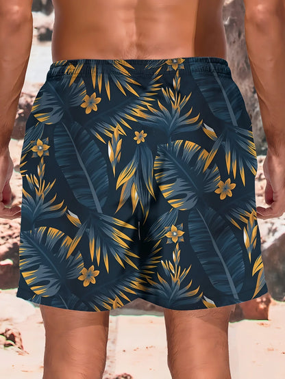 Momount Calções de Banho Homem – Estampado Folha Tropical Cordão Comprimento ao Joelho