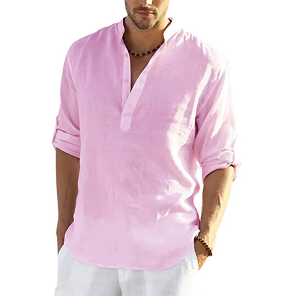 Momount Camisa Henley em Linho de Homem – Manga Comprida com Gola Banda Casual