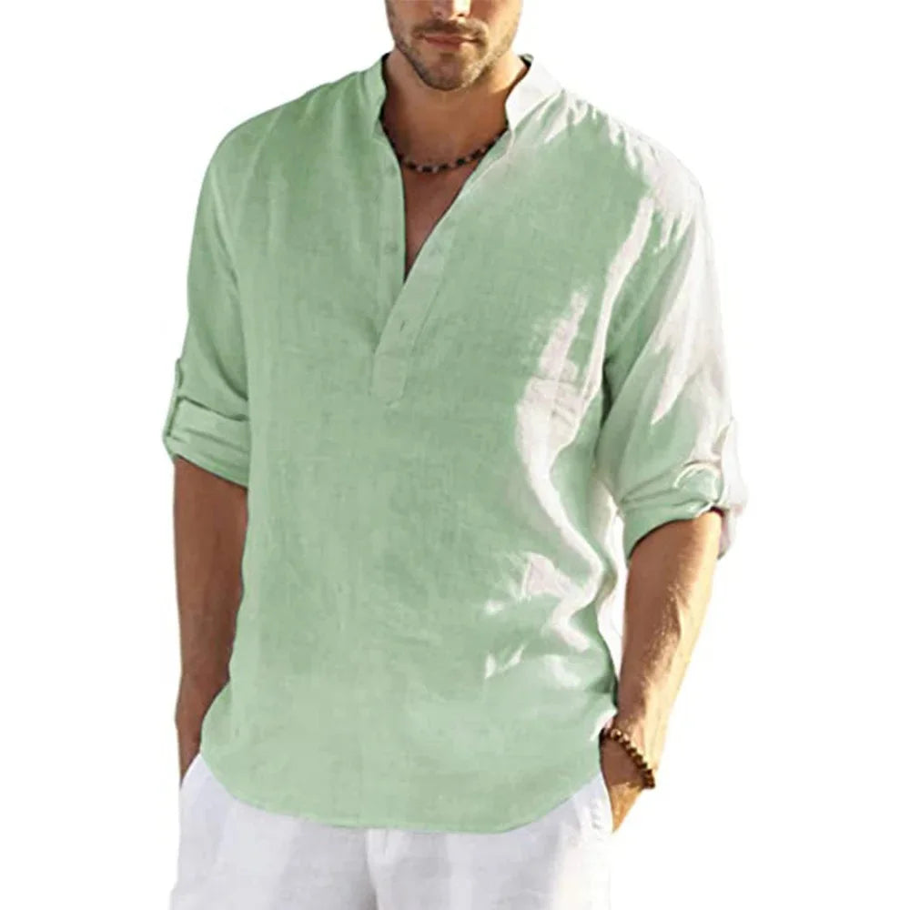Momount Camisa Henley em Linho de Homem – Manga Comprida com Gola Banda Casual