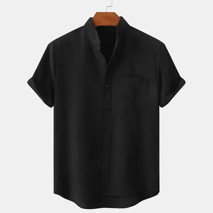 Momount Camisa de Linho de Homem – Manga Curta com Gola Banda e Bolso ao Peito de Verão