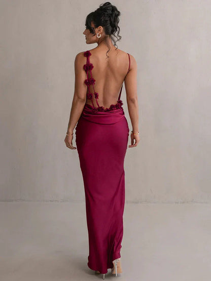 Serenity | Vestido Maxi Justo Elegante em Cetim Decote Drapeado