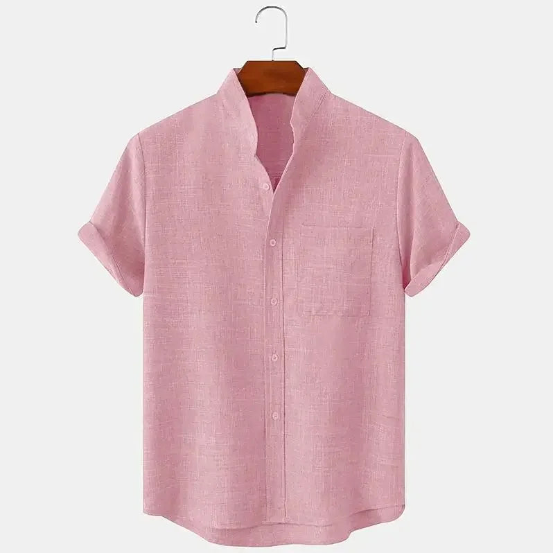 Momount Camisa de Linho de Homem – Manga Curta com Gola Banda e Bolso ao Peito de Verão