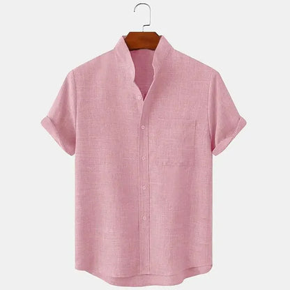 Momount Camisa de Linho de Homem – Manga Curta com Gola Banda e Bolso ao Peito de Verão