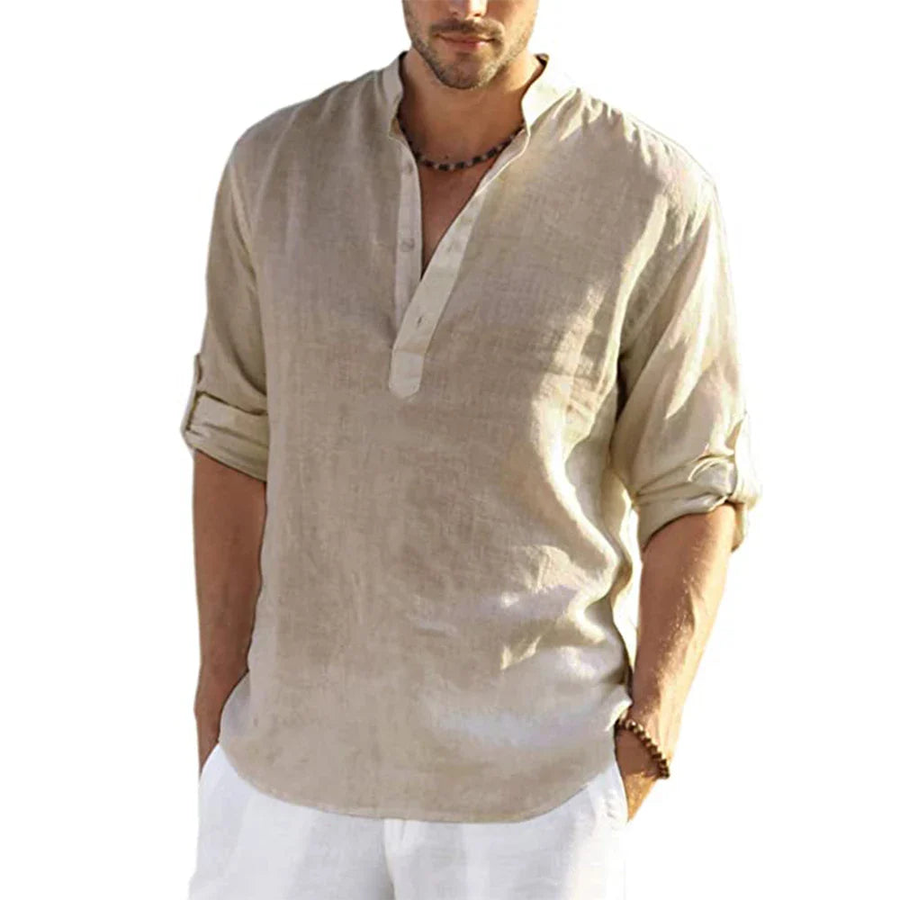 Momount Camisa Henley em Linho de Homem – Manga Comprida com Gola Banda Casual
