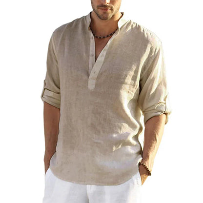 Momount Camisa Henley em Linho de Homem – Manga Comprida com Gola Banda Casual