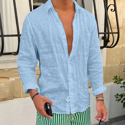Momount Camisa de Linho Homem – Manga Comprida Corte Descontraído Casual de Verão