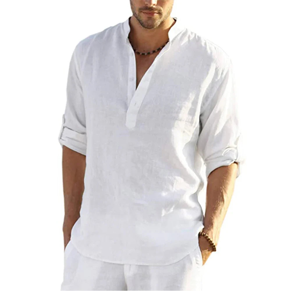 Momount Camisa Henley em Linho de Homem – Manga Comprida com Gola Banda Casual