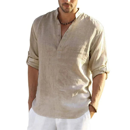 Momount Camisa Henley em Linho de Homem – Manga Comprida com Gola Banda Casual