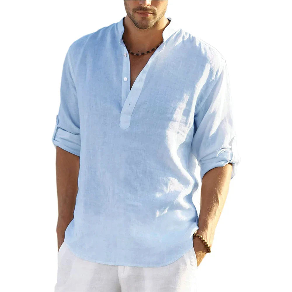 Momount Camisa Henley em Linho de Homem – Manga Comprida com Gola Banda Casual
