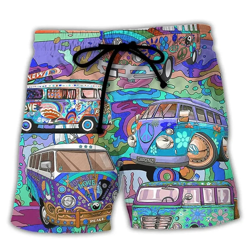 Momount Calções de Banho Homem – Estampado Carrinha Hippie Cordão Verão