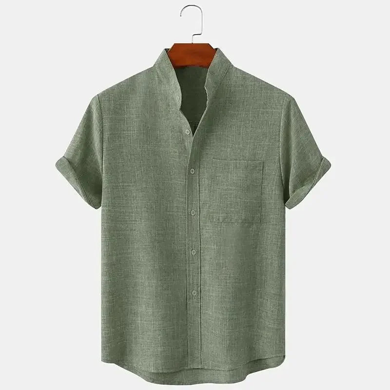 Momount Camisa de Linho de Homem – Manga Curta com Gola Banda e Bolso ao Peito de Verão