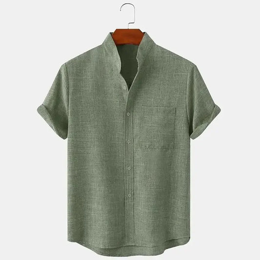 Momount Camisa de Linho de Homem – Manga Curta com Gola Banda e Bolso ao Peito de Verão