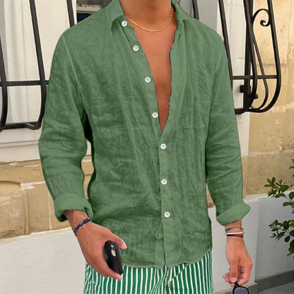 Momount Camisa de Linho Homem – Manga Comprida Corte Descontraído Casual de Verão