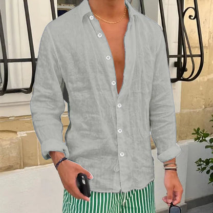 Momount Camisa de Linho Homem – Manga Comprida Corte Descontraído Casual de Verão