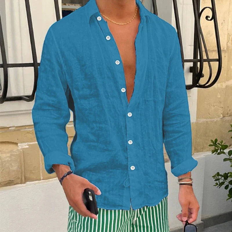 Momount Camisa de Linho Homem – Manga Comprida Corte Descontraído Casual de Verão