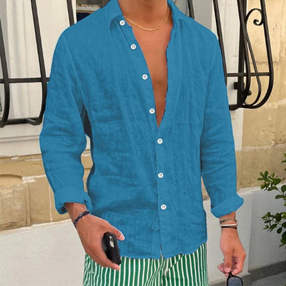 Momount Camisa de Linho Homem – Manga Comprida Corte Descontraído Casual de Verão