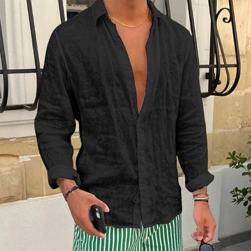 Momount Camisa de Linho Homem – Manga Comprida Corte Descontraído Casual de Verão