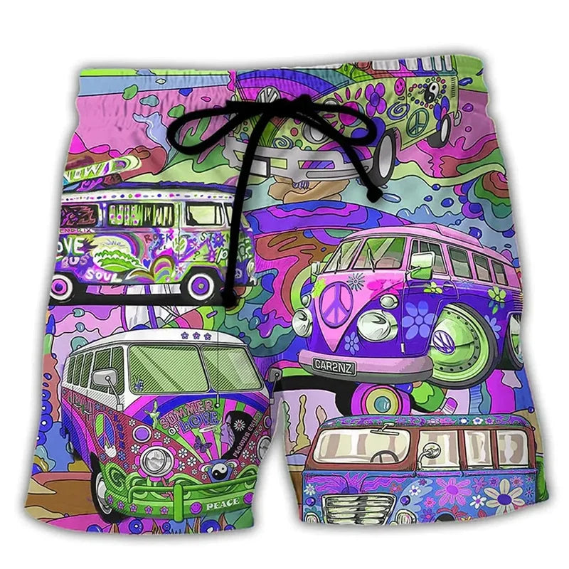 Momount Calções de Banho Homem – Estampado Carrinha Hippie Cordão Verão