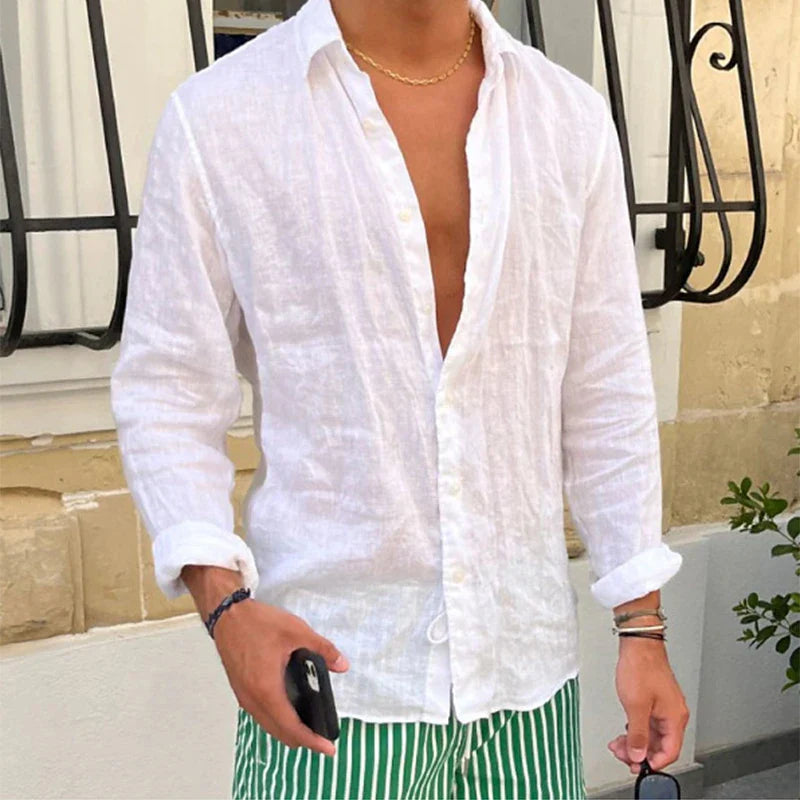 Momount Camisa de Linho Homem – Manga Comprida Corte Descontraído Casual de Verão