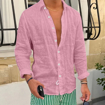 Momount Camisa de Linho Homem – Manga Comprida Corte Descontraído Casual de Verão