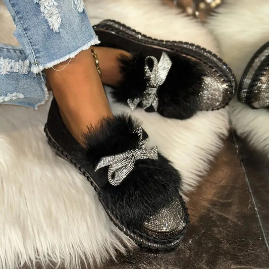 Momount Mocassins em Pele Sintética Mulher – Laço de Cristal Bico Strass Felpa Slip-On