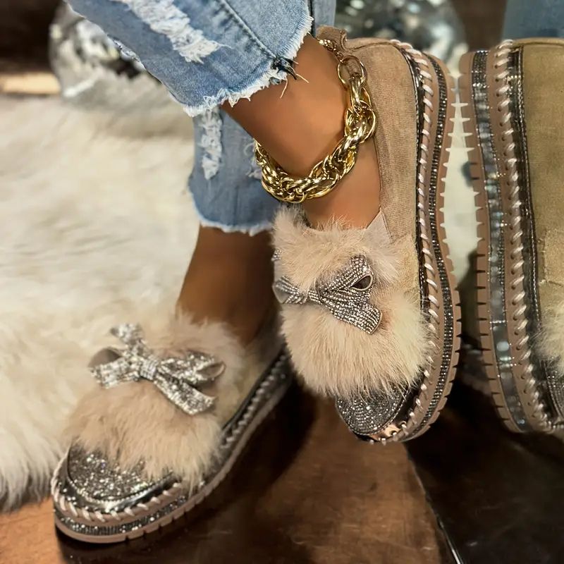 Momount Mocassins em Pele Sintética Mulher – Laço de Cristal Bico Strass Felpa Slip-On
