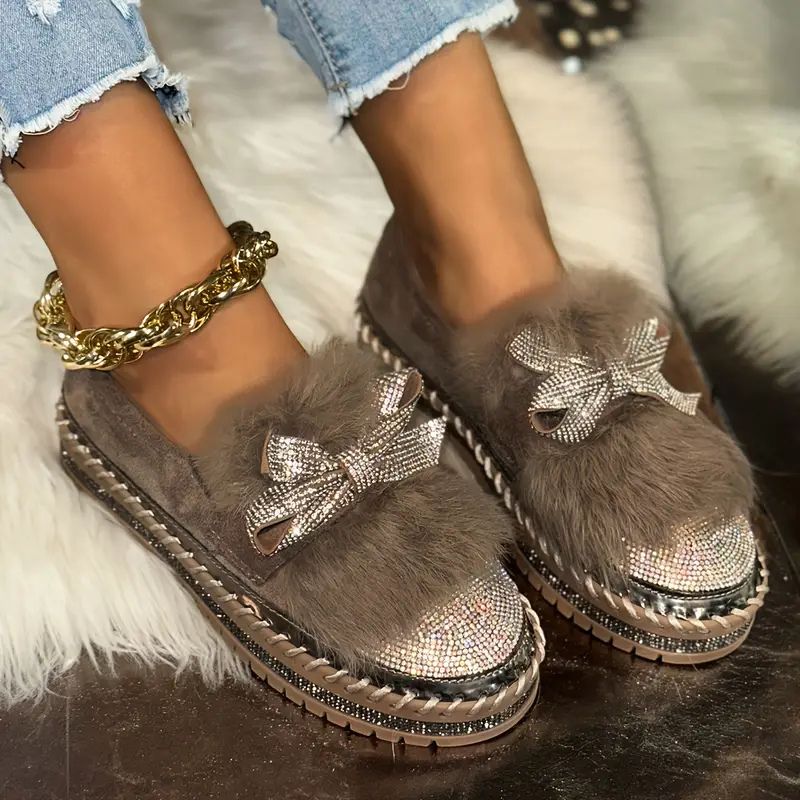 Momount Mocassins em Pele Sintética Mulher – Laço de Cristal Bico Strass Felpa Slip-On
