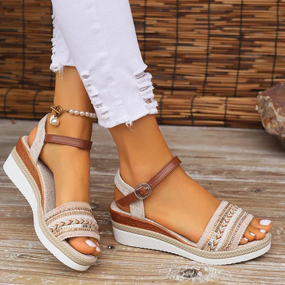 Momount Sandálias de Cunha de Mulher Conforto Plataforma Tira Posterior Tira com Fivela Casual de Verão Apoio Almofadado Design Trançado