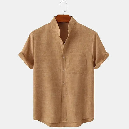 Momount Camisa de Linho de Homem – Manga Curta com Gola Banda e Bolso ao Peito de Verão